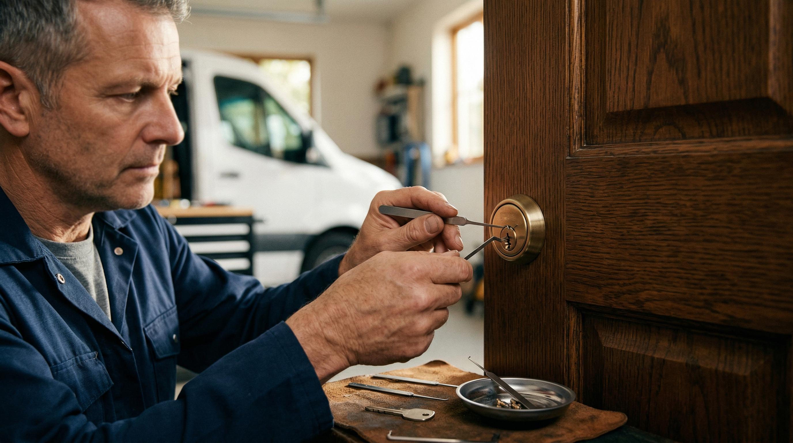 Professional locksmith working on a door lock